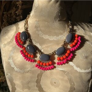 NWOT J.Crew Fringe Vibrant Pink and Blue Statement Necklace